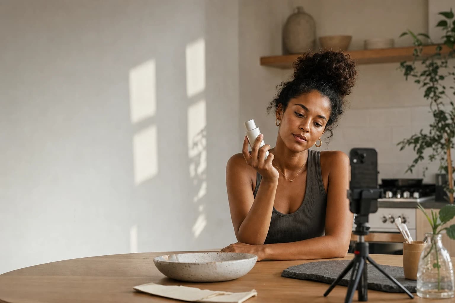 Creator reviewing a product video at a kitchen table