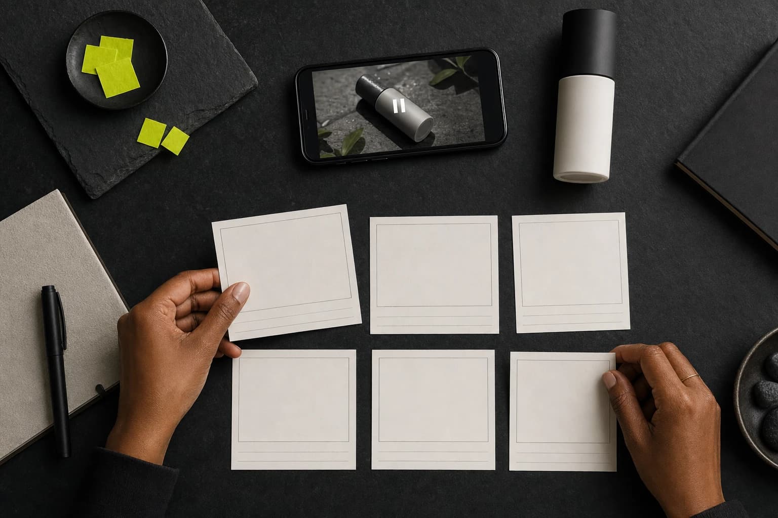 Hands arranging storyboard cards beside a phone on a slate desk